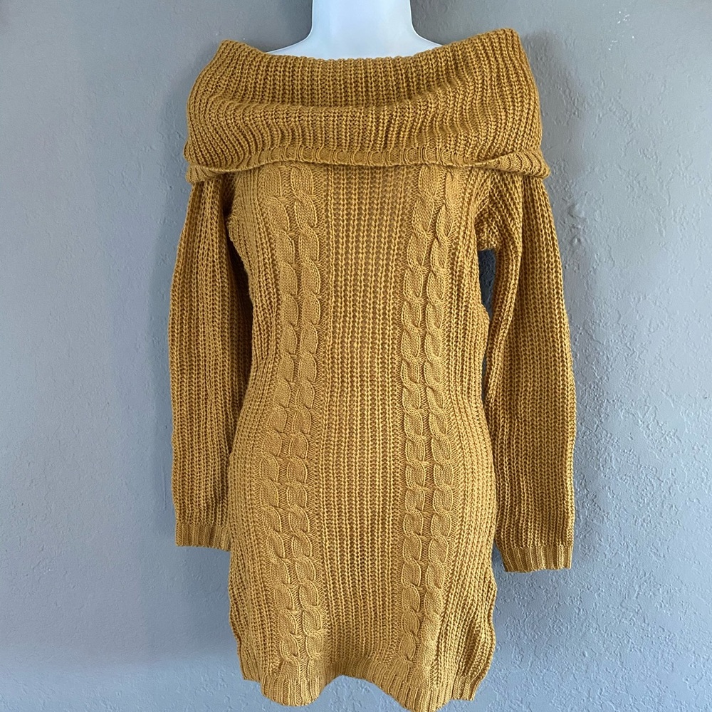 Off the shoulder camel sweater dress